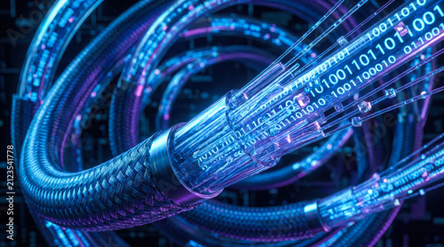 Futuristic fiber optic cable transmits glowing digital data in high speed network background