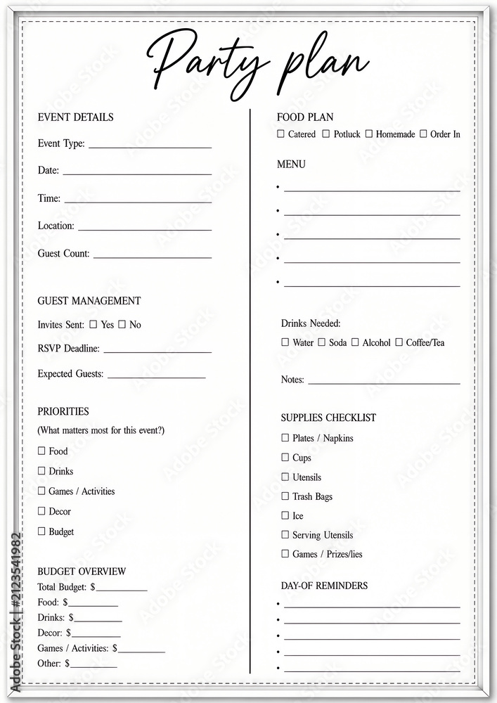 Fototapeta premium Party Plan Planner Template