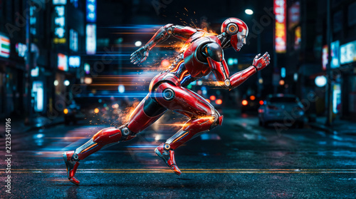 Dynamic 3D illustration of a red high-tech humanoid robot running at full speed on a wet urban street at night, featuring sparks and motion blur effects symbolizing power and speed.