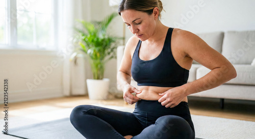 Female in sports clothes checking skin on her waist. Weight loss, postpartum recovery and body fat concept in living room interior