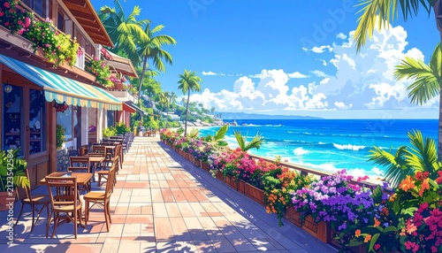 Colorful seaside cafe with ocean view and tropical flowers.