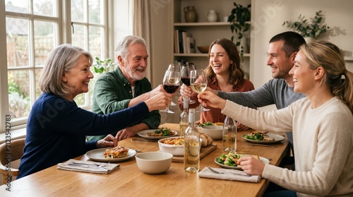Multi-generational family toasts with wine glasses during festive dinner at home.