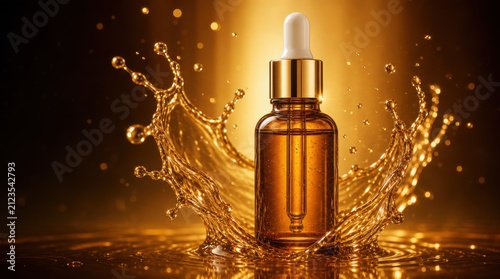 A dropper bottle with golden liquid splashing dramatically around it, set against a warm amber background with glowing light effects.