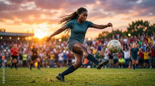 Athletic African American woman kicking soccer ball during competitive match at sunset.