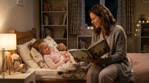 Mother reads bedtime story to daughter in cozy bedroom