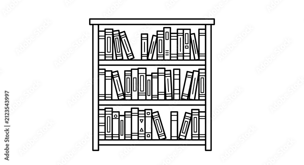 Fototapeta premium Industrial Black and White Line Drawing of a Three Shelf Bookshelf Filled with Various Books and Magazines
