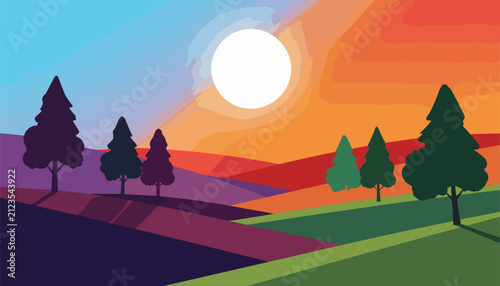Sunset over Colorful Rolling Hills with Silhouetted Pine Trees