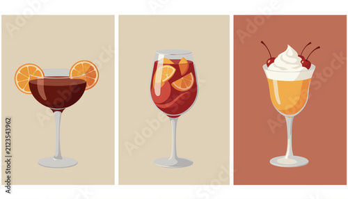 Three Illustrated Cocktails with Garnishes on Pastel Backgrounds