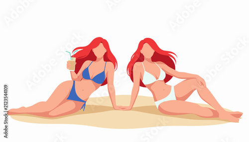 Two Women in Bikinis Relaxing on Beach Sand Holding Tropical Drinks
