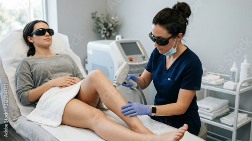 Professional esthetician treats female client with laser hair removal device in modern spa clinic.