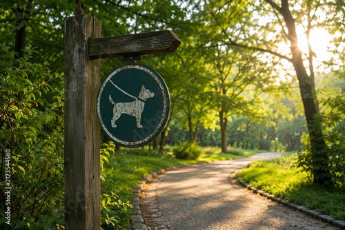 Dog leash rules sign on wooden post along wooded park path  