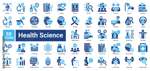 Foto Health Science icon set containing Anatomy, Genetics, Immunology, Surgery, Radiology, Public Health, and more to illustrate medical research, clinical practice, and healthcare innovation