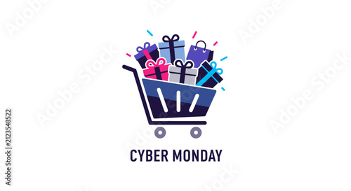 Shopping cart with colorful gifts inside.