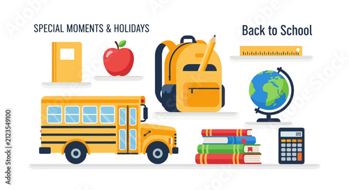 School bus with education icons.