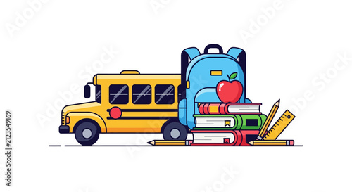 School bus with luggage and books.