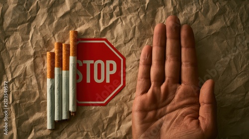 Hand gesture signaling stop to smoking with broken cigarette over red stop sign on crumpled brown paper background for anti tobacco campaign and health awareness