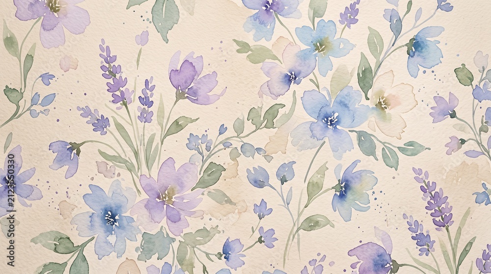 Fototapeta premium Watercolour Floral Background with Multicoloured Flowers and Leaves