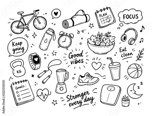 Healthy Lifestyle Fitness Doodles Set, Hand Drawn Workout Icons, Wellness Vector Illustrations