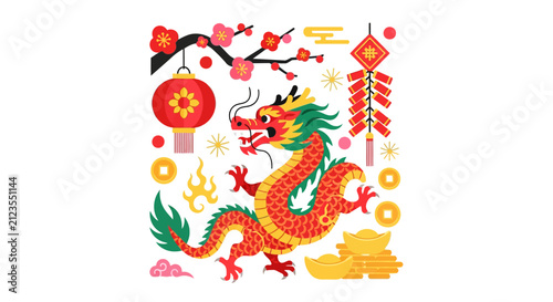 Vibrant Chinese Dragon Design Element.