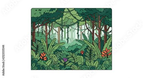 Tropical forest with colorful flowers.