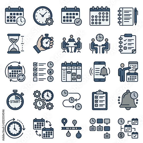 Картината върху платно Time management and scheduling icons depict professional productivity tools in a monochromatic style