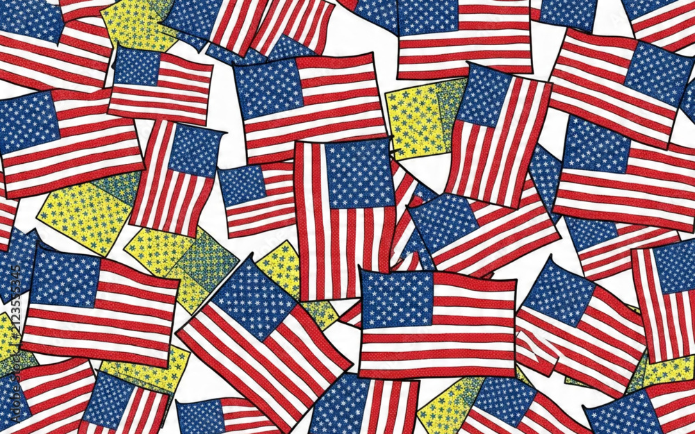 Fototapeta premium Hand drawn American flags pattern with stars and stripes for national holiday celebration and patriotic background design element