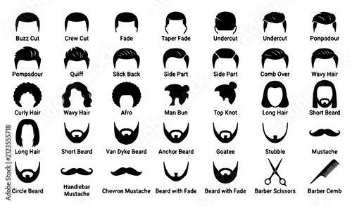 Mens Beard and Hairstyle Icons Vector Set for Barber Shop Haircut Logo and Grooming Design
