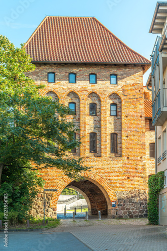 View at the Town gate in the streets of Rostock in Germany