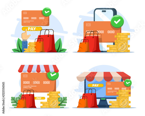 Flat vector illustration set about protected online shopping, featuring mobile card payments, virtual checkout, purchase bags, digital money, transaction safety and e-commerce marketing.