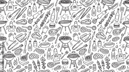 Barbecue and grilling seamless pattern with hand drawn food items and cooking tools in sketch style
