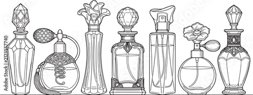 Collection of vintage perfume bottles in black and white line art style for beauty and cosmetic design