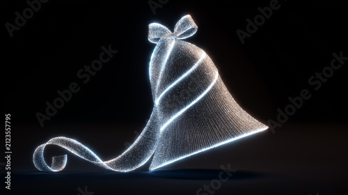 Glowing Christmas bell made of flowing light trails and sparkling particles creating a magical New Year and Christmas holiday greeting card on a black background