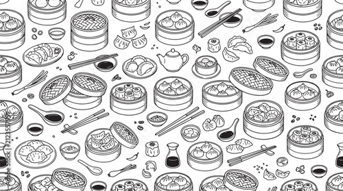 Dim sum seamless pattern with bamboo steamers and dumplings in hand drawn black and white line art