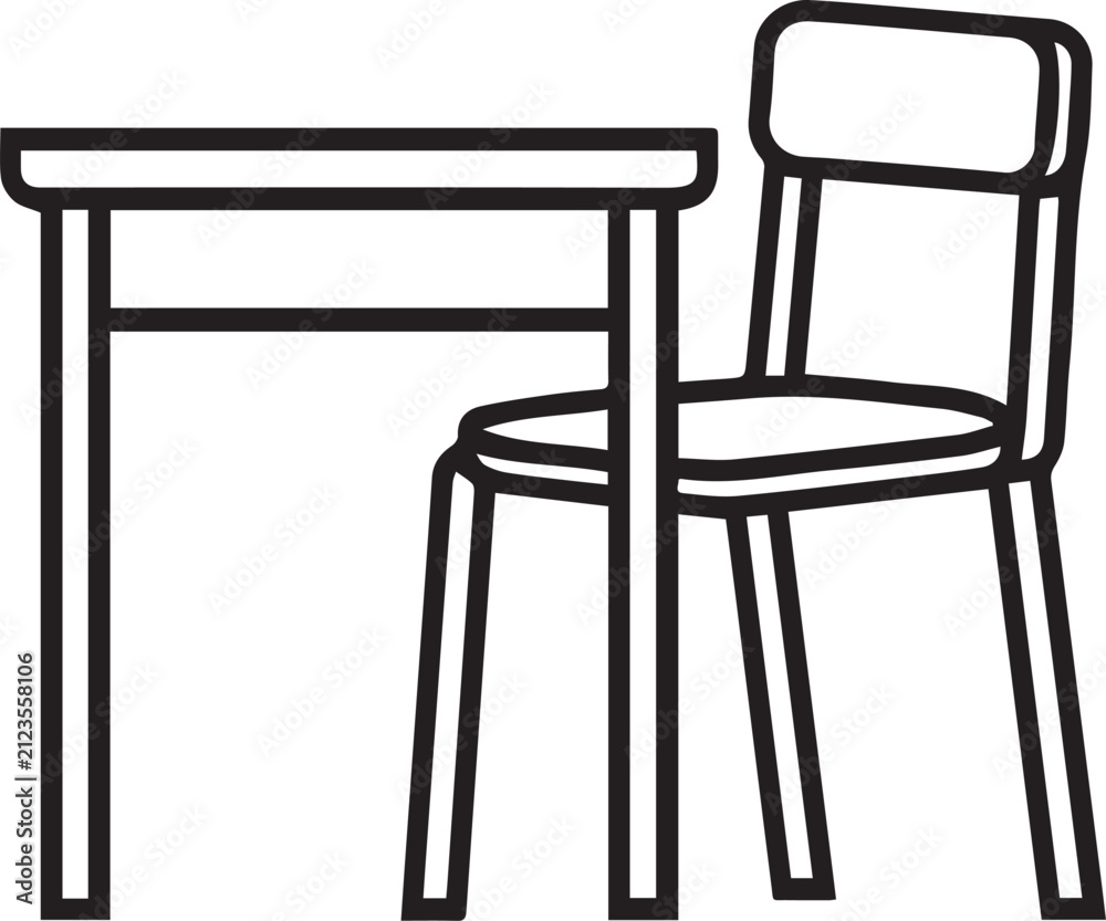 Fototapeta premium A simple, clean line art illustration of an empty school desk and chair, symbolizing education, study, and learning.