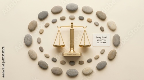 Elegant golden justice scales centered within a circular arrangement of smooth stones, representing a fair balanced review and meticulous attention to detail for professional legal business goals now.