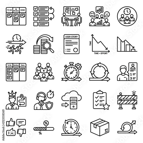 Картината върху платно Project management icons depict agile workflows, team collaboration, and task scheduling for professional business environments