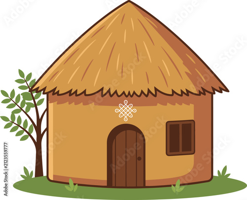 Bild auf Leinwand A simple vector illustration of a traditional round mud hut with a thatched roof, wooden door, window, and surrounding greenery