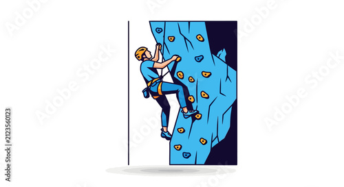 Young woman rock climbing wall outdoors.
