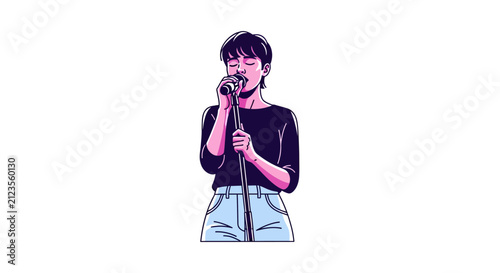 Young woman singing with microphone.