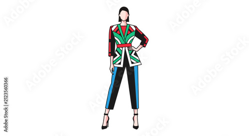 Woman wearing colorful jacket and pants.