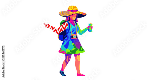Woman wearing colorful summer outfit.