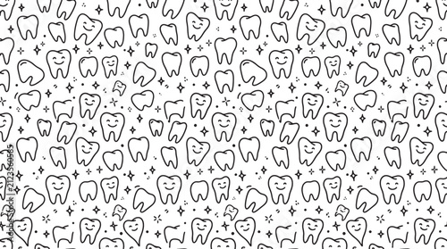 Seamless pattern with cute smiling teeth and sparkling stars in a hand drawn doodle line art style