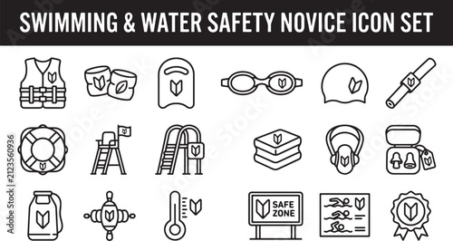 Swimming and water safety novice icon set featuring essential pool equipment and training gear in line style