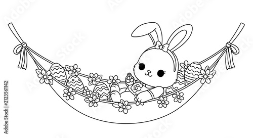 Cute Easter Bunny Relaxing in a Hammock with Decorated Eggs and Spring Flowers - Adorable Cartoon Character Coloring Page for Kids and Adults