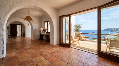 Mediterranean Villa Interior with Sea View Terrace and Arched Architecture