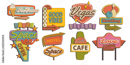 Retro signboard collection with vintage arrow signs and motel badges. Roadside americana with neon cafe icons, hotel emblems and highway billboards. Vector set with colorful road trip design elements.