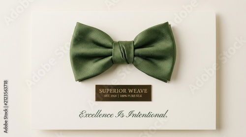Elegant green silk bow tie with textured weave pattern rests on a white gift box card with a gold label, showcasing premium craftsmanship and luxury formal fashion for weddings and special events now.