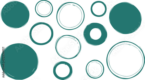 A vector set of hand-drawn sketchy teal solid circles and outlined rings on a white background.