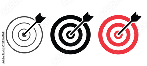Business target icon with arrow representing marketing achievement, strategic planning, goal tracking, and corporate success in clean vector style.