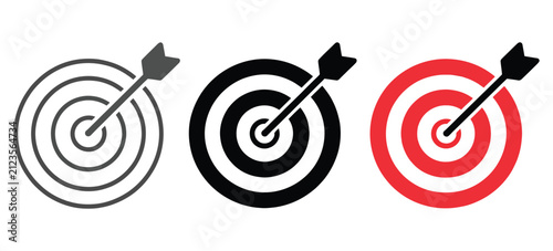 Business target icon with arrow representing marketing achievement, strategic planning, goal tracking, and corporate success in clean vector style.